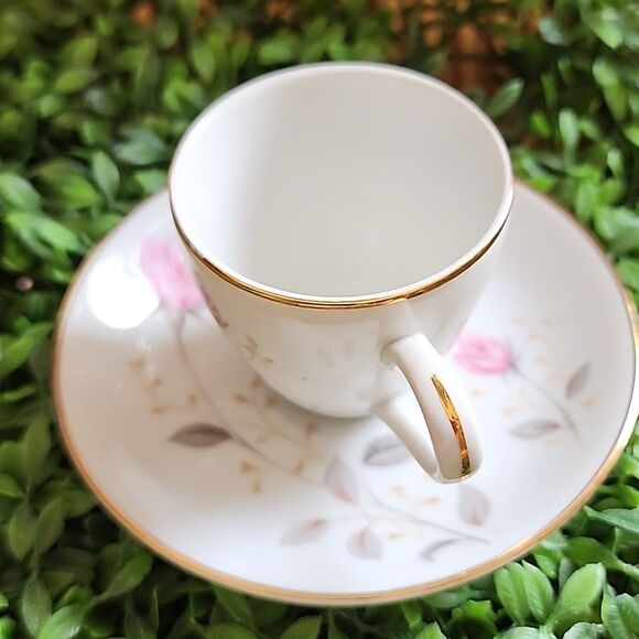 Vintage Japan Abalone China Flamingo Rose Demitasse Teacup & Saucer - Picture 4 of 12